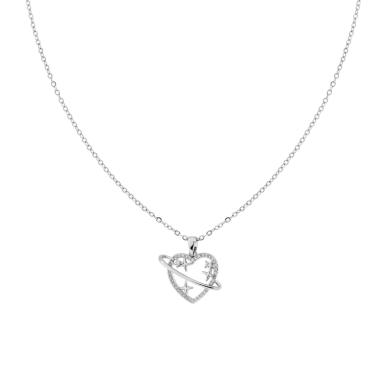Collana Catena Forzatina Diamantata con Cuore Anello Satelliti e Crystal Bianchi in ACCIAIO