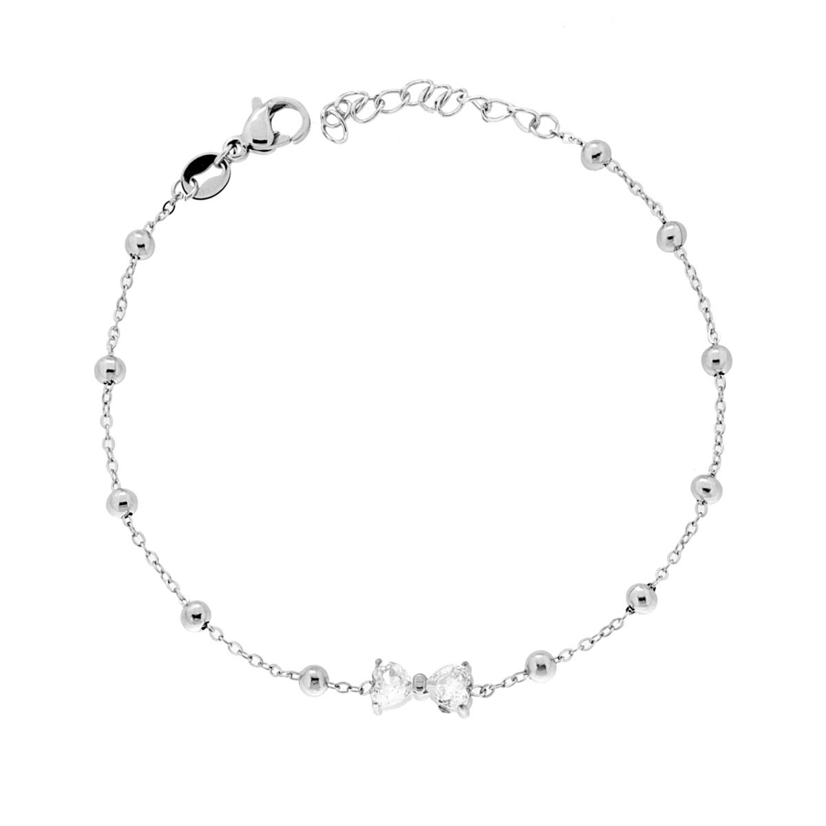 Bracciale Catena Forzatina Diamantata con Palline e Fiocco Crystal Bianchi in ACCIAIO