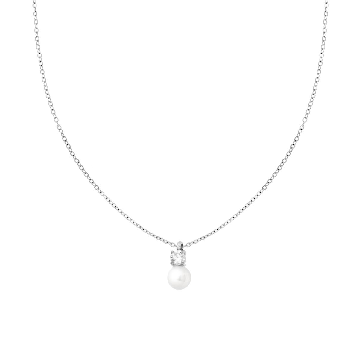 Collana Catena Forzatina Diamantata con Perla e Punto Luce Crystal Bianco in ACCIAIO