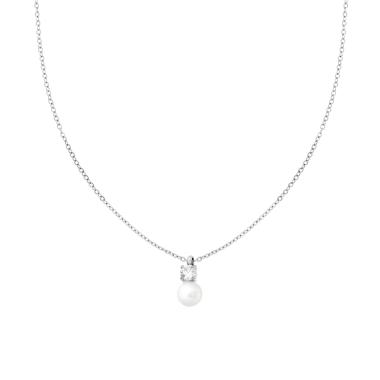 Collana Catena Forzatina Diamantata con Perla e Punto Luce Crystal Bianco in ACCIAIO