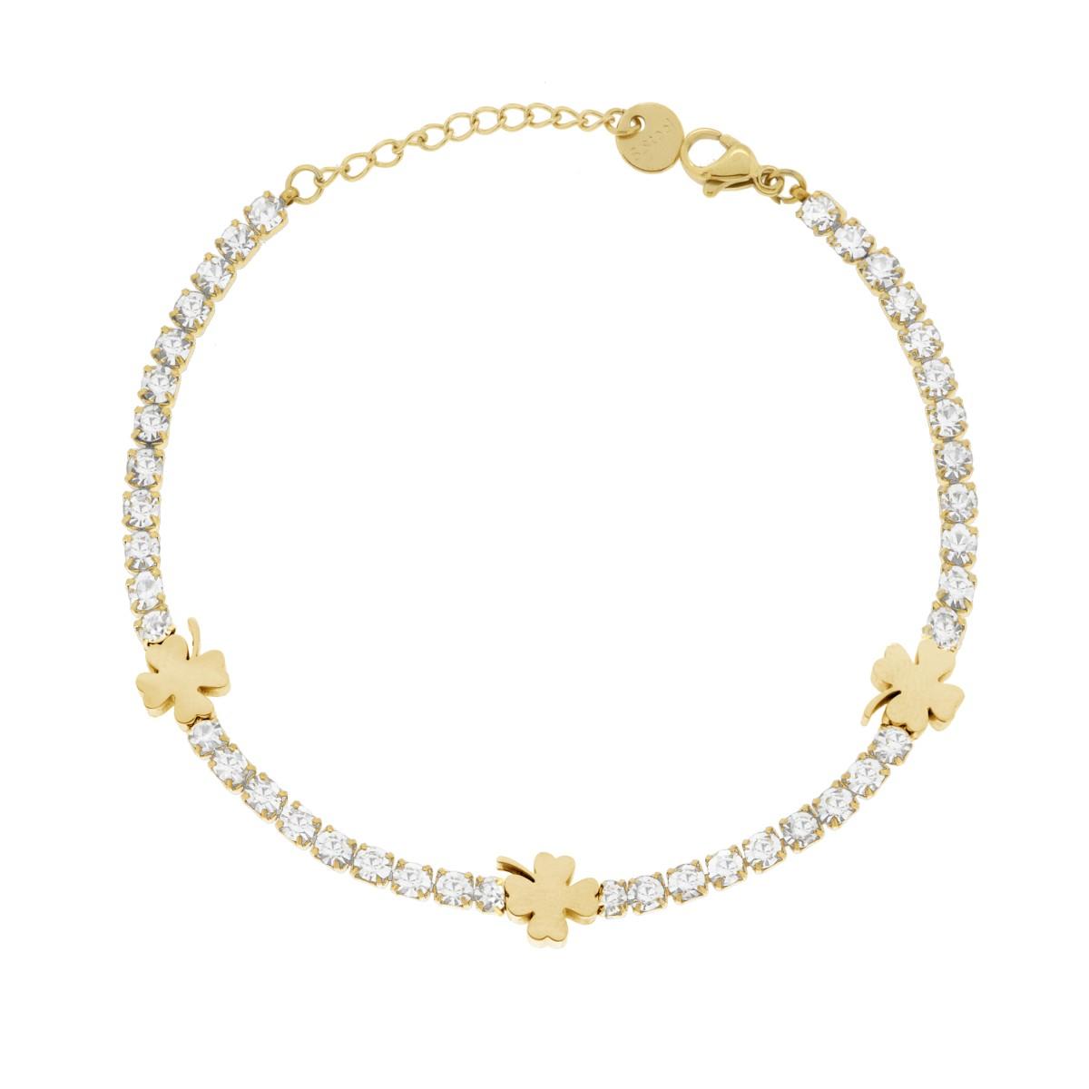 Bracciale Tennis con Quadrifogli e Crystal Bianchi in ACCIAIO colore Oro