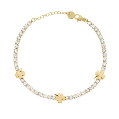 Bracciale Tennis con Quadrifogli e Crystal Bianchi in ACCIAIO colore Oro