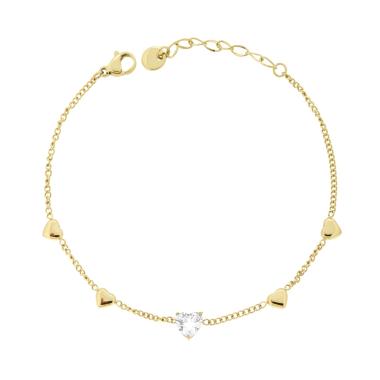 Bracciale Catena Forzatina Diamantata con Cuori e Crystal Bianchi in ACCIAIO colore Oro