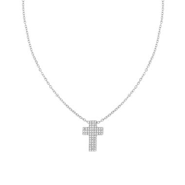 Collana Catena Forzatina Diamantata con Croce e Crystal Bianchi in ACCIAIO