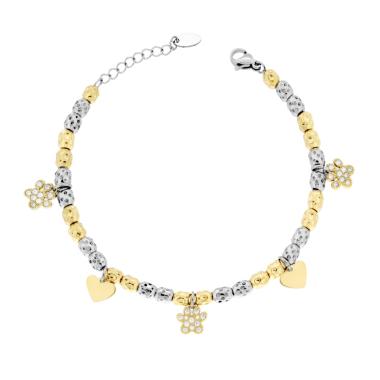 Bracciale Catena con Ovali colore Oro effetto martellato con Impronta Zampa Cuori e Crystal Bianchi in ACCIAIO
