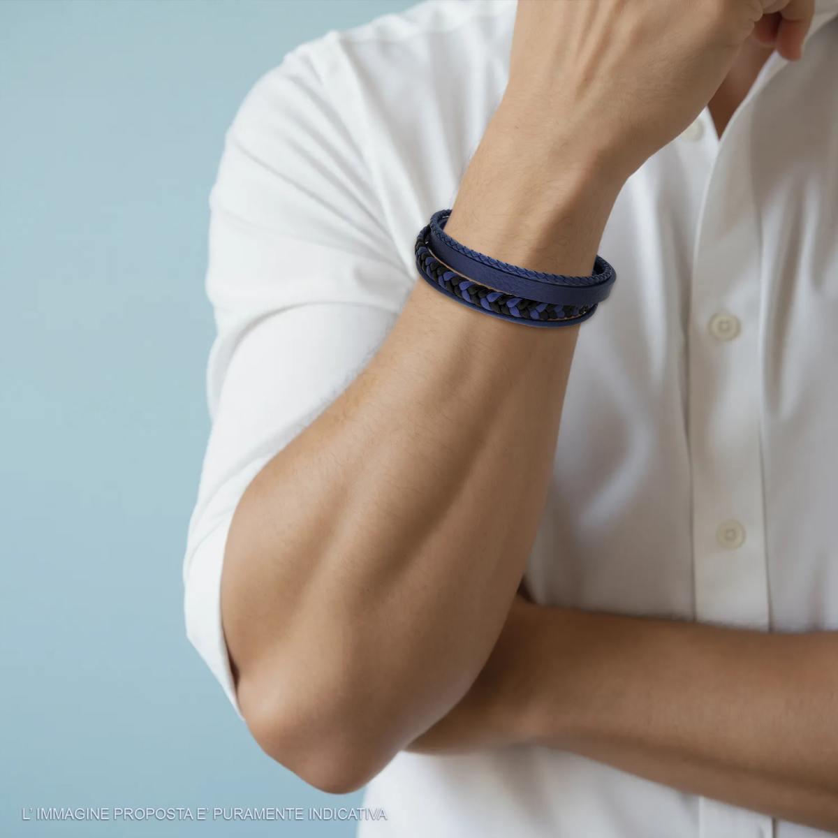 Bracciale Uomo Multifilo in Ecopelle Blu e Nero a Trecce in ACCIAIO
