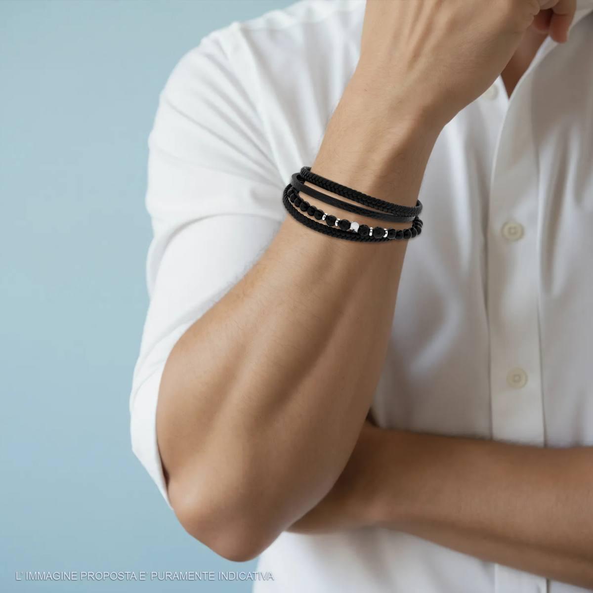 Bracciale Uomo Multifilo in Ecopelle Nero con Palline Nere effetto Pietra Lavica e Ancora in ACCIAIO
