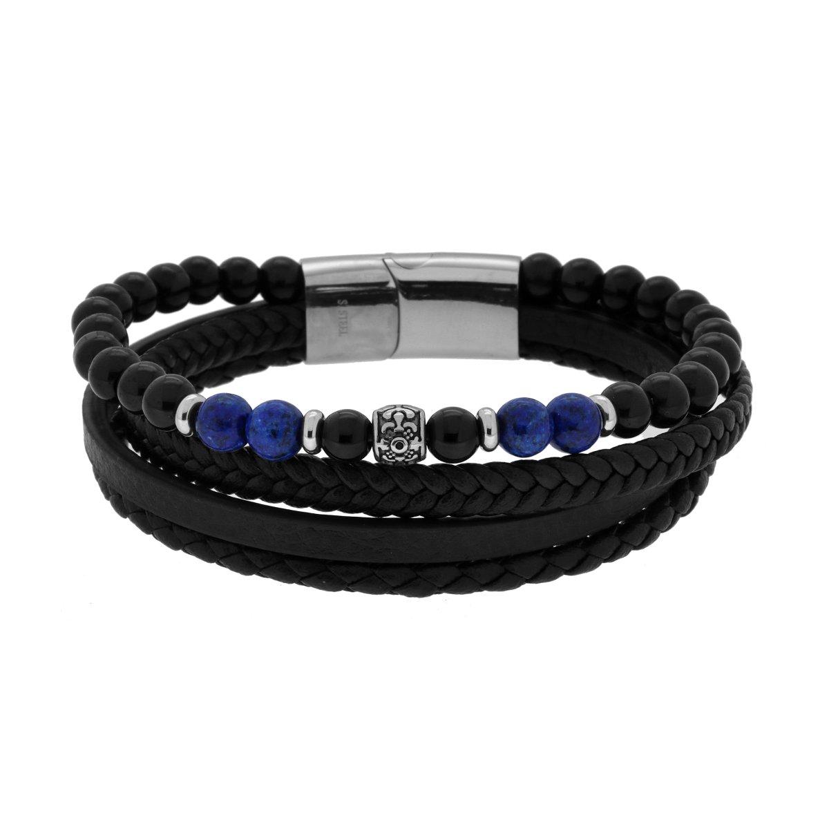 Bracciale Uomo Multifilo in Ecopelle Nero con Palline Nere e Blu Lapislazzuli in ACCIAIO