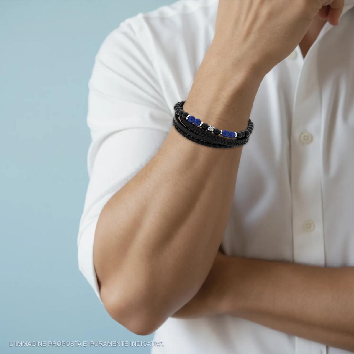 Bracciale Uomo Multifilo in Ecopelle Nero con Palline Nere e Blu Lapislazzuli in ACCIAIO