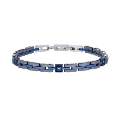 Bracciale Uomo Maglia Imperniata in Ceramica Antracite e colore Blu con Crystal Bianchi in ACCIAIO