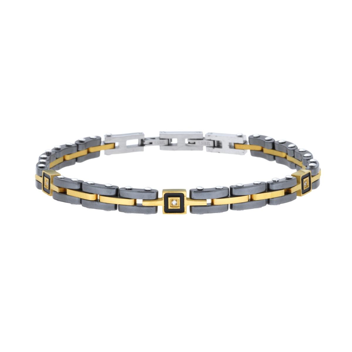 Bracciale Uomo Maglia Imperniata in Ceramica Antracite e colore Oro con Crystal Bianchi in ACCIAIO