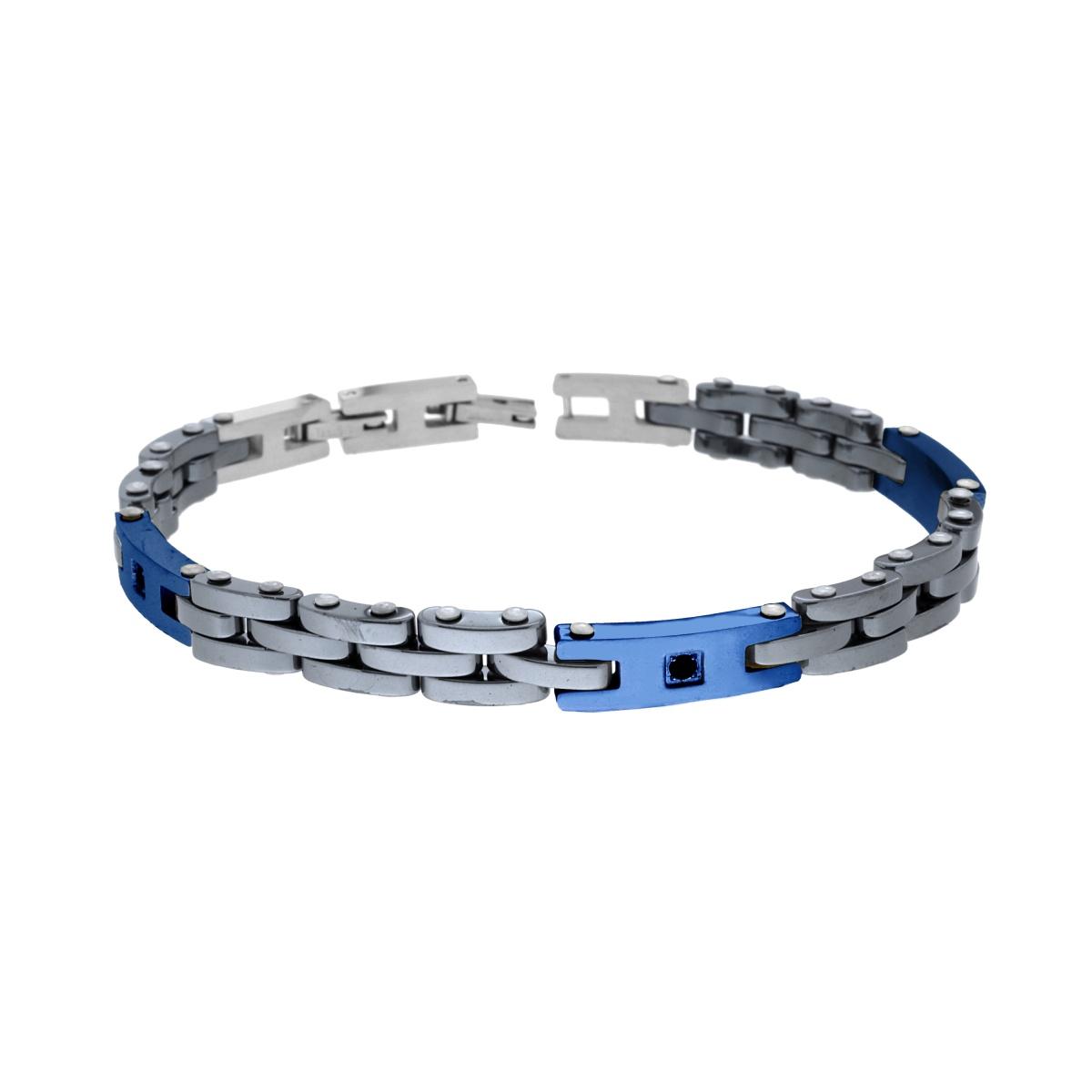 Bracciale Uomo Catena Imperniata con Ceramica Canna da Fucile e Targhe colore Blu con Crystal Nero in ACCIAIO