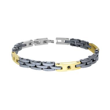 Bracciale Uomo Catena Imperniata con Ceramica Canna da Fucile e Targhe colore Oro con Crystal Nero in ACCIAIO