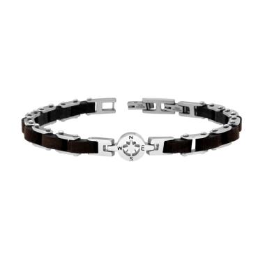 Bracciale Uomo Maglia Imperniata in Legno Nero e Rosa dei Venti in ACCIAIO