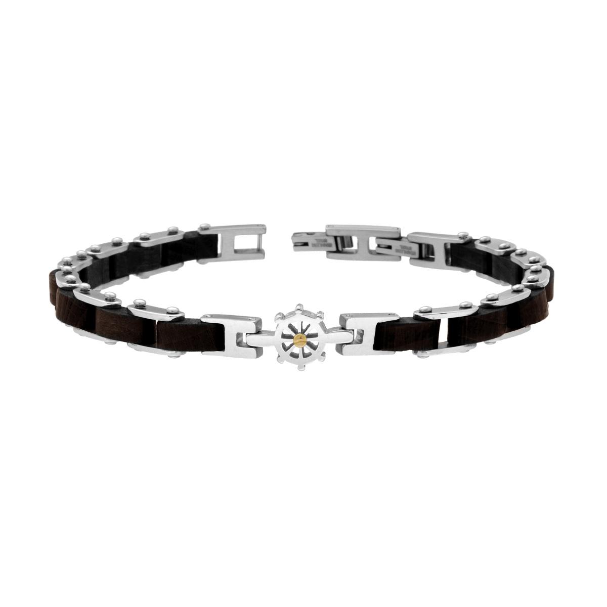 Bracciale Uomo Maglia Imperniata in Legno Nero e Timone in ACCIAIO