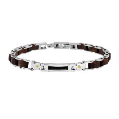 Bracciale Uomo Maglia Imperniata in Legno e Targa in ACCIAIO