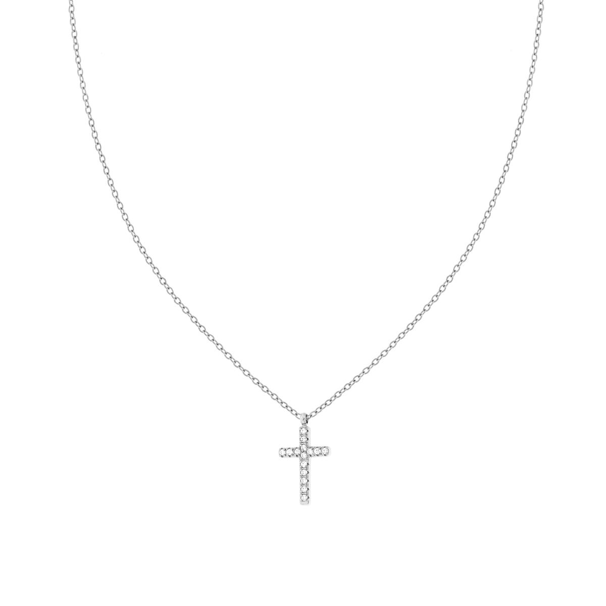 Collana Catena Forzatina Diamantata con Croce e Crystal Bianchi in ACCIAIO