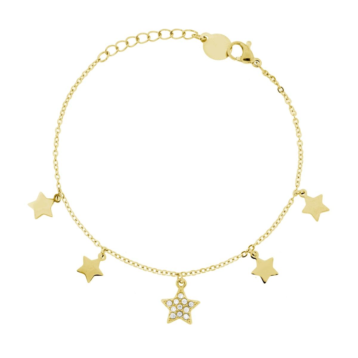 Bracciale Catena Forzatina Diamantata con Stelle plain pendenti e Crystal Bianchi in ACCIAIO colore Oro