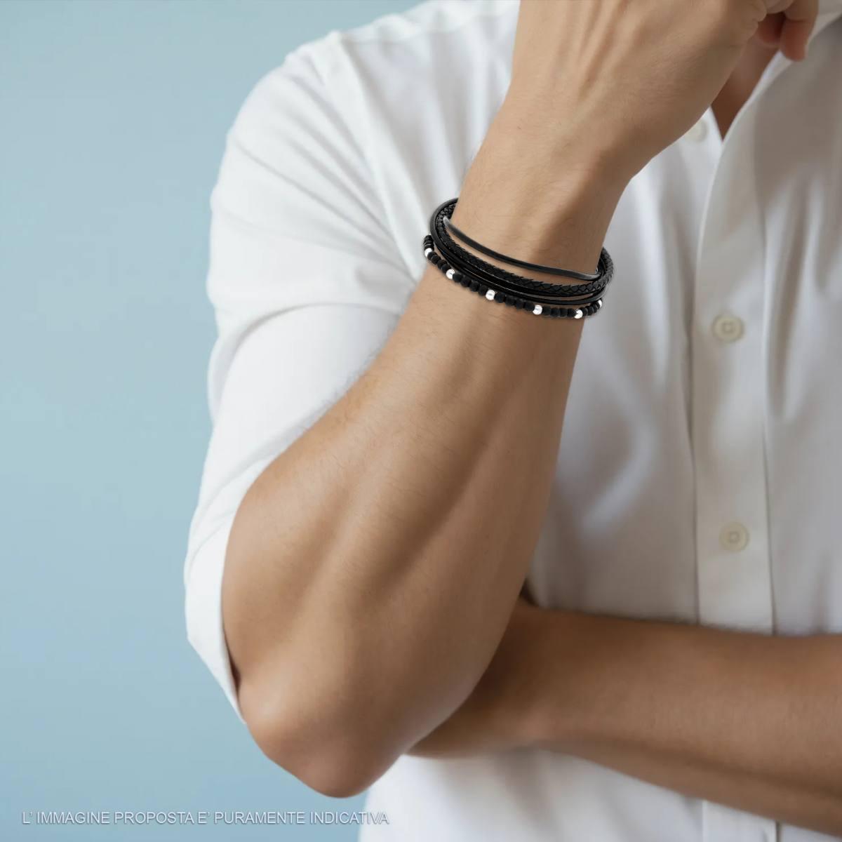 Bracciale Uomo Multifilo in Ecopelle Nero con Palline Nere Diamantate in ACCIAIO