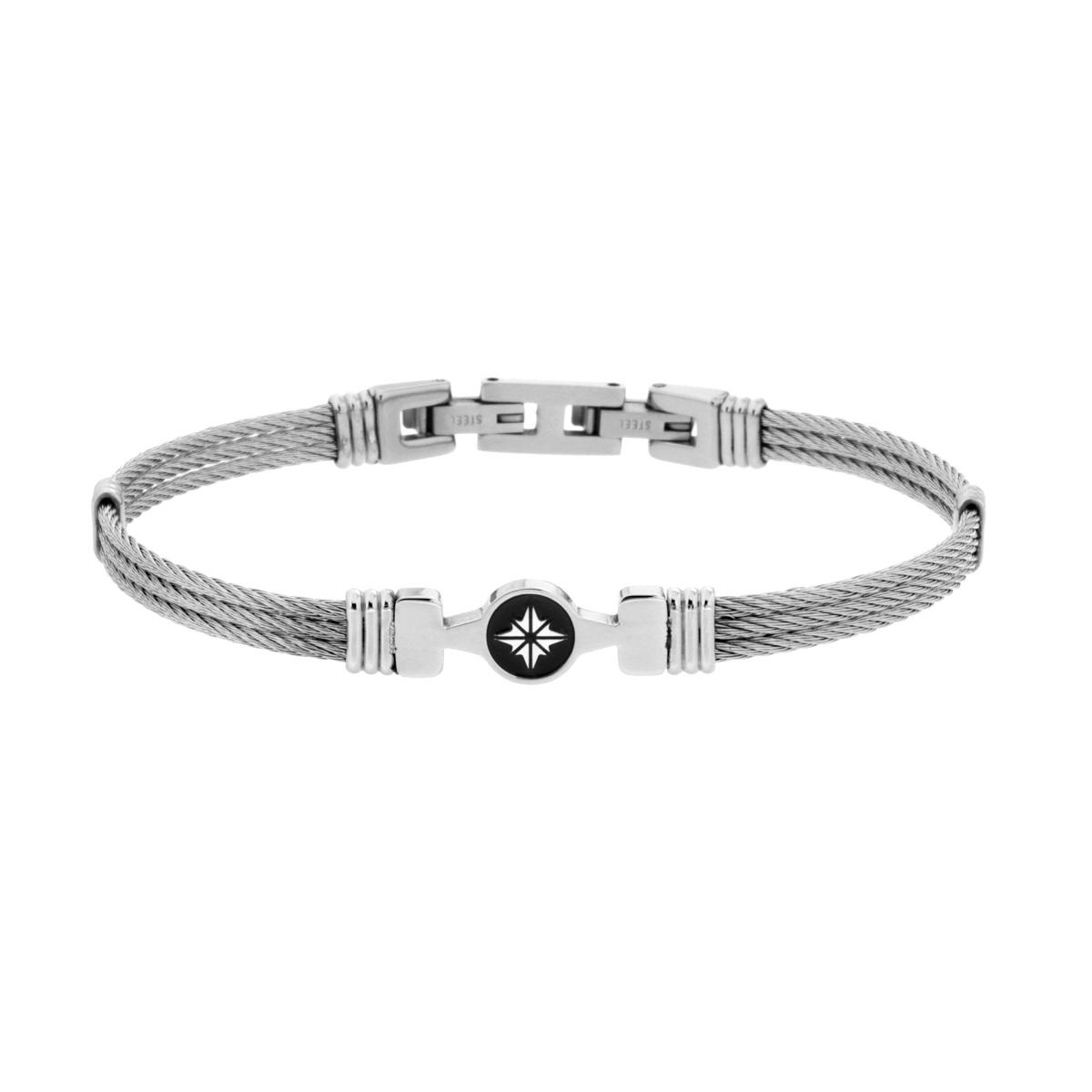 Bracciale Uomo Semirigido con filo intrecciato e Rosa dei Venti in ACCIAIO