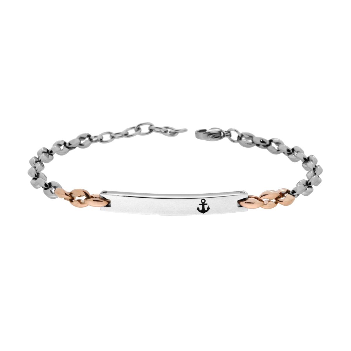 Bracciale Uomo Catena Marinara colore Rosa con Targa e Ancora in ACCIAIO
