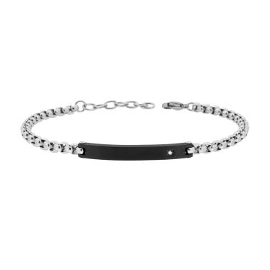 Bracciale Uomo Catena Veneziana Tonda con Targa Nera e Crystal Bianco in ACCIAIO
