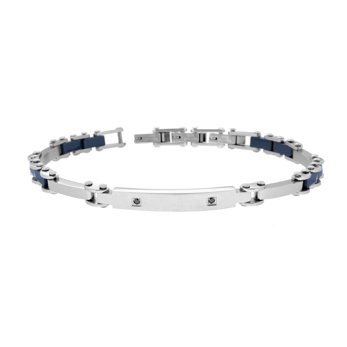 Bracciale Uomo Maglia Imperniata con Ceramica Blu Targa e Crystal Neri in ACCIAIO