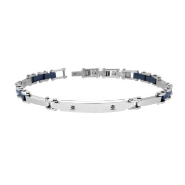 Bracciale Uomo Maglia Imperniata con Ceramica Blu Targa e Crystal Neri in ACCIAIO