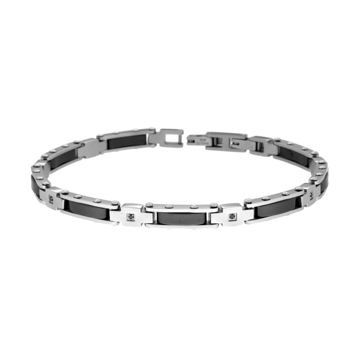 Bracciale Uomo Maglia Imperniata con Ceramica e Crystal Neri in ACCIAIO