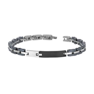 Bracciale Uomo Maglia Imperniata con Ceramica Antracite Targa Nera e Crystal Bianco in ACCIAIO
