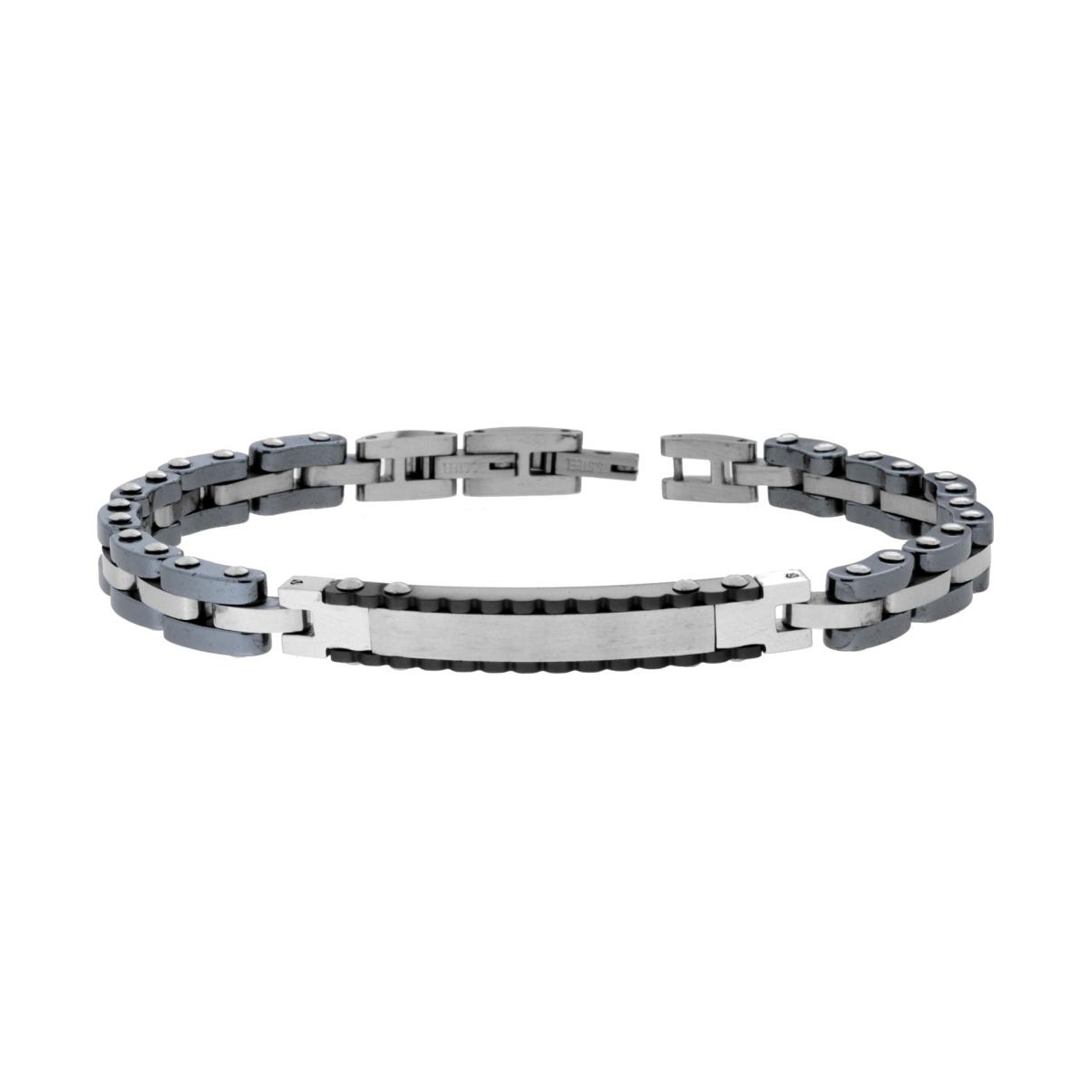 Bracciale Uomo Maglia Imperniata con Ceramica Antracite e Targa Dentellata in ACCIAIO
