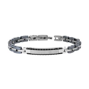 Bracciale Uomo Maglia Imperniata con Ceramica Antracite e Targa Dentellata in ACCIAIO