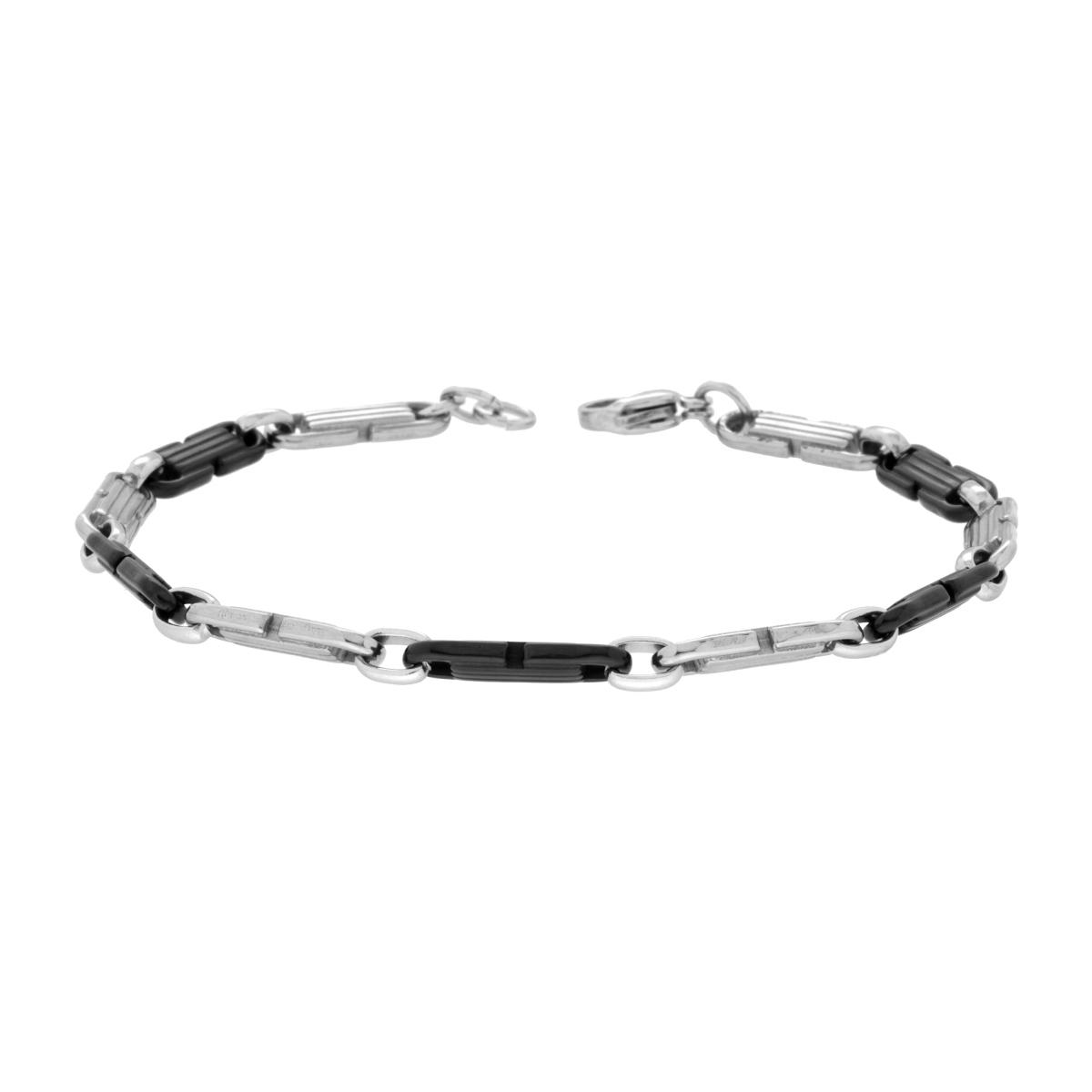 Bracciale Uomo Catena Piastre Rigate Bicolore Nero in ACCIAIO