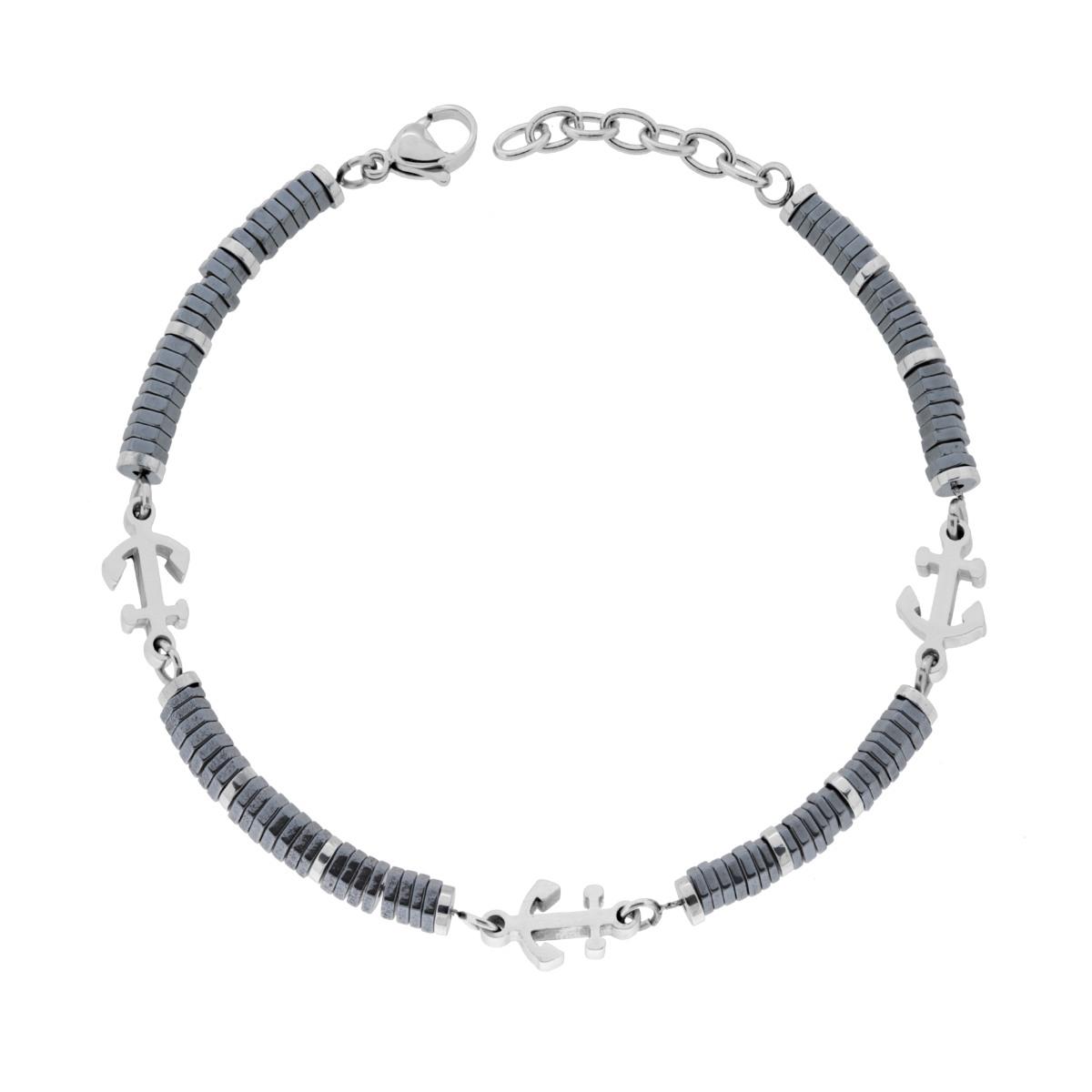 Bracciale Uomo Catena di Bulloncini in Ceramica Antracite e Ancore in ACCIAIO