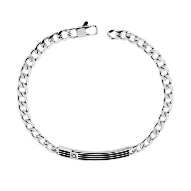 Bracciale Uomo Catena Grumetta con Targa e Crystal Bianco in ACCIAIO