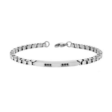 Bracciale Uomo Catena Veneziana Diamantata con Targa e Crystal Nero in ACCIAIO