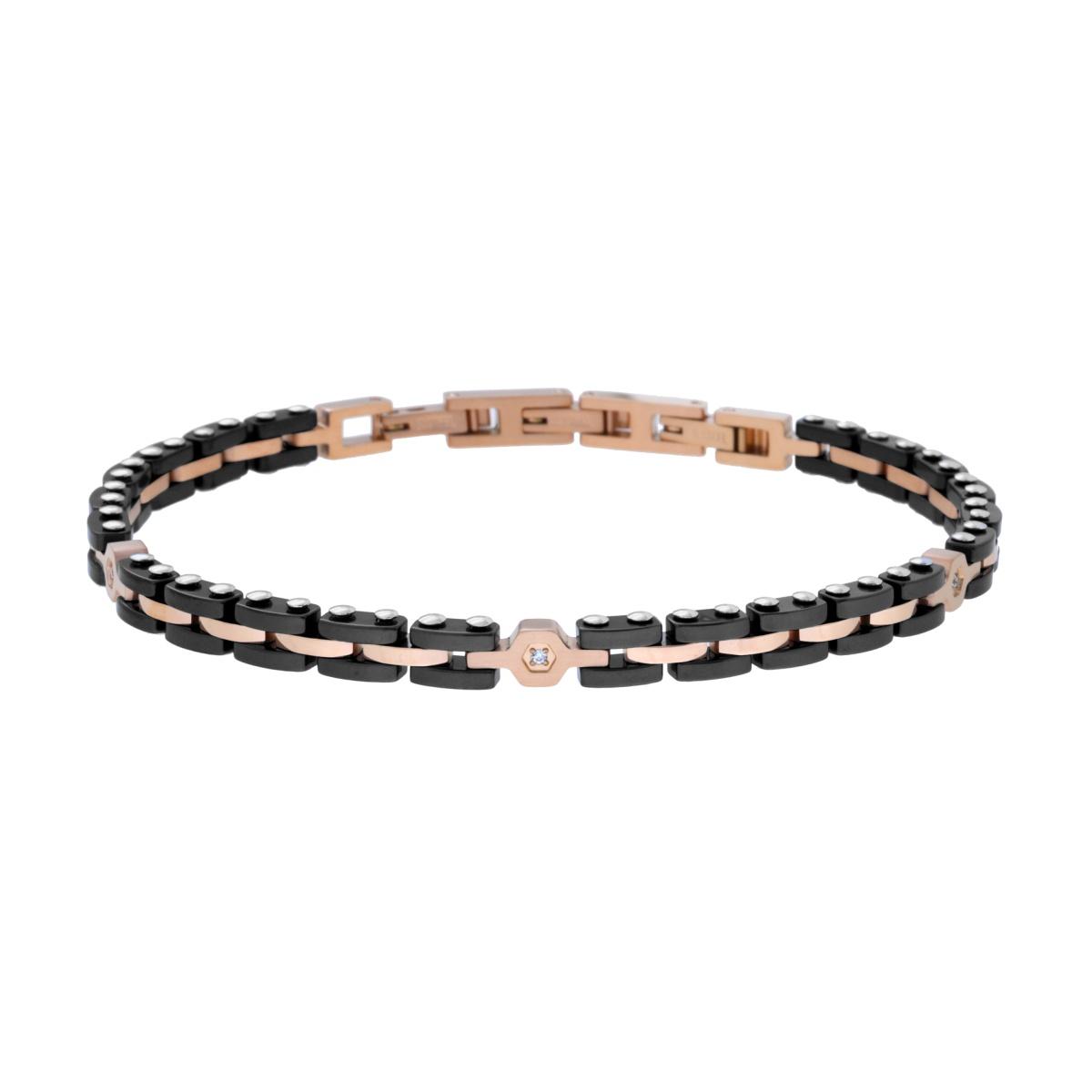 Bracciale Uomo Maglia Imperniata con Ceramica Nera e Crystal Bianchi in ACCIAIO colore Rosa