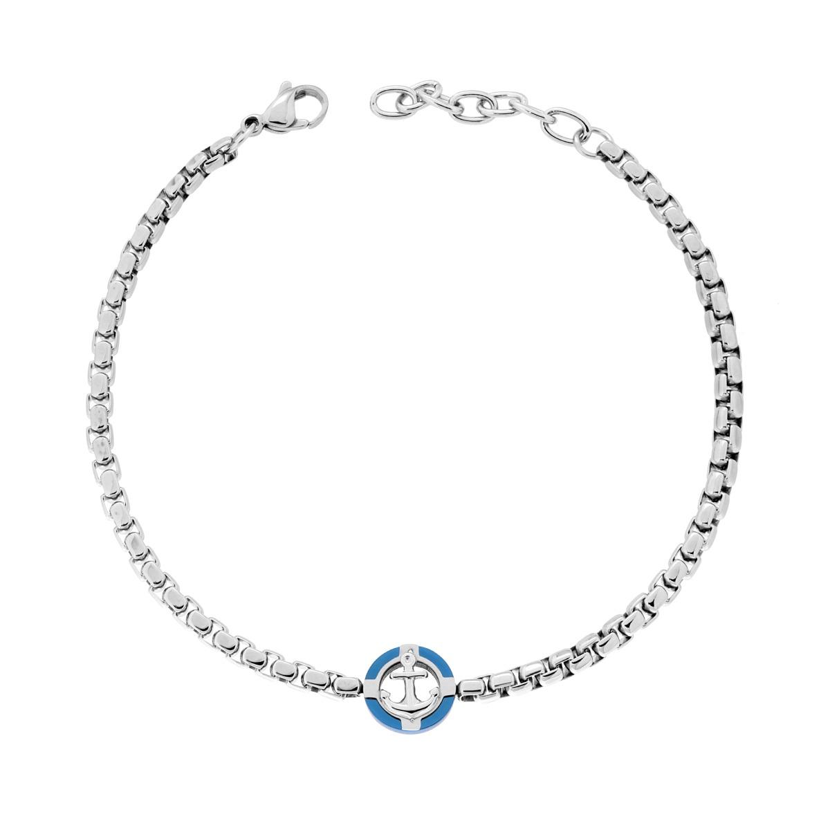 Bracciale Uomo Catena Veneziana Tonda con Tondo Blu e Ancora in ACCIAIO