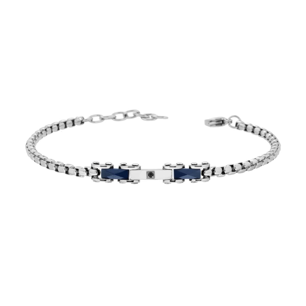 Bracciale Uomo Maglia Imperniata con Catena Veneziana Ceramica Blu e Crystal Nero in ACCIAIO