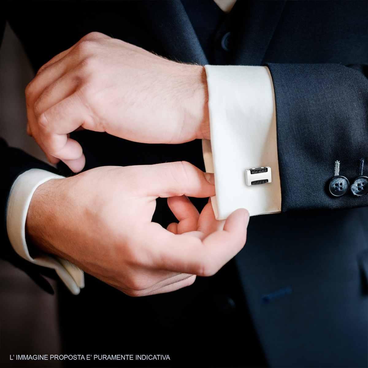 Accessori Gemelli Uomo Rettangolari mm 10 x 16 con Ceramica Nera in ACCIAIO