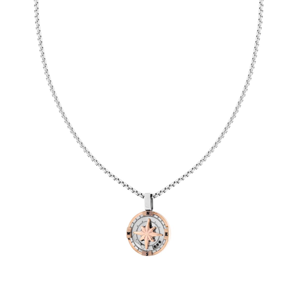 Collana Catena Veneziana Tonda con Rosa dei Venti colore Rosa e Crystal Neri in ACCIAIO