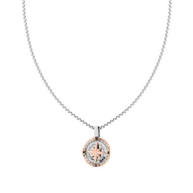 Collana Catena Veneziana Tonda con Rosa dei Venti colore Rosa e Crystal Neri in ACCIAIO