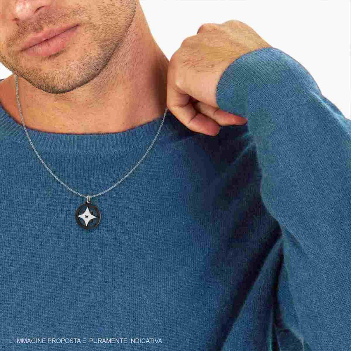 Collana Catena Forzatina Diamantata con Rosa dei Venti colore Nero con Crystal Nero in ACCIAIO