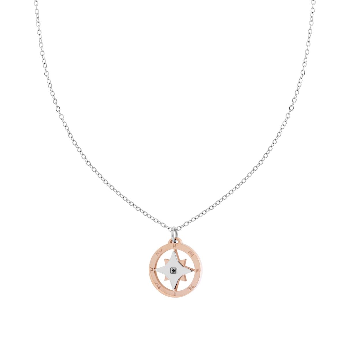 Collana Catena Forzatina Diamantata con Rosa dei Venti colore Rosa con Crystal Nero in ACCIAIO