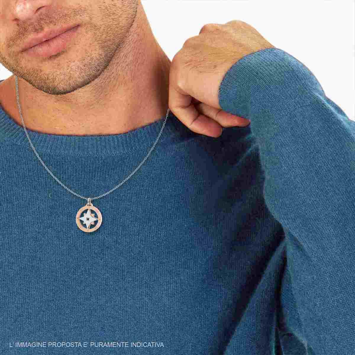 Collana Catena Forzatina Diamantata con Rosa dei Venti colore Rosa con Crystal Nero in ACCIAIO