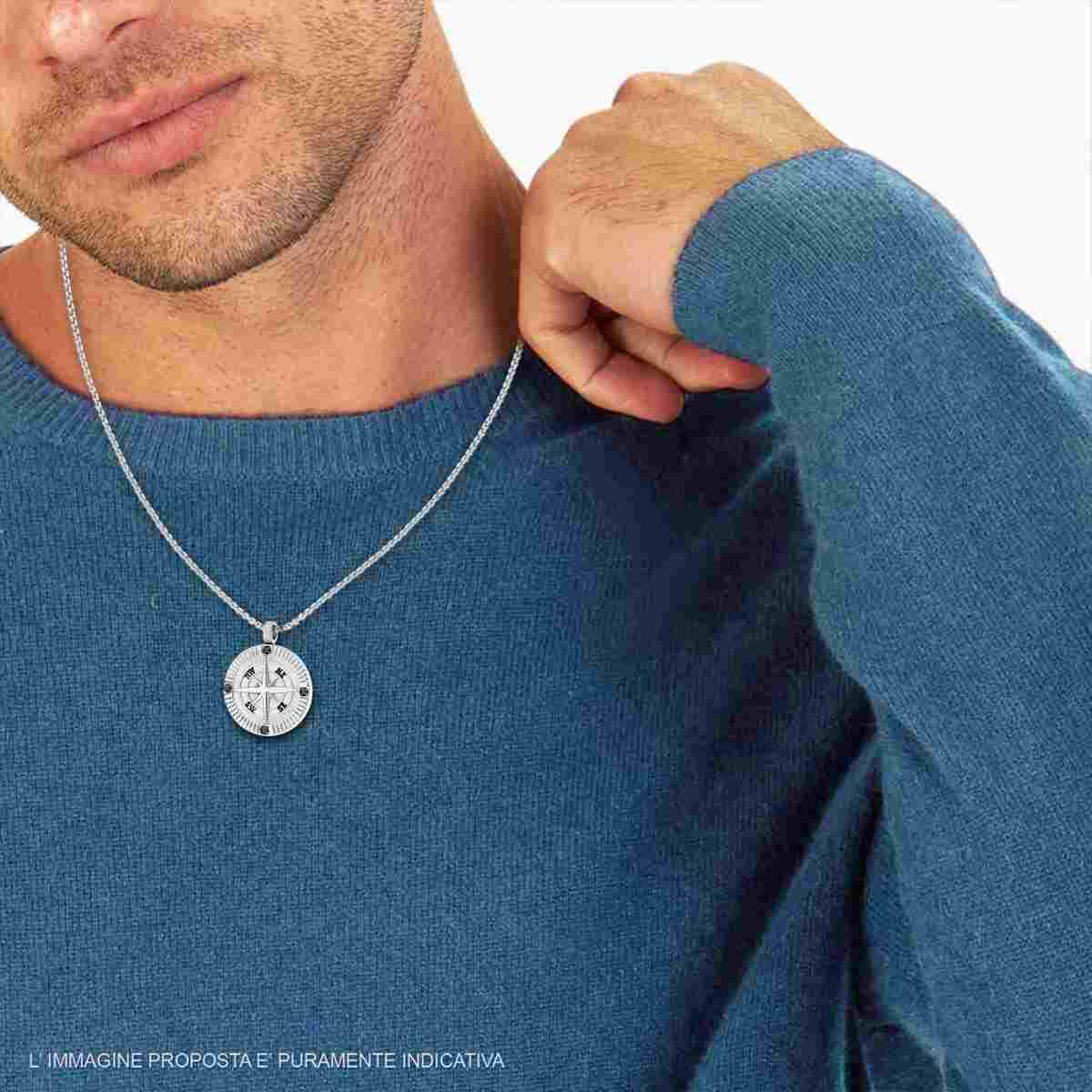 Collana Catena Veneziana Tonda con Rosa dei Venti e Crystal Neri in ACCIAIO