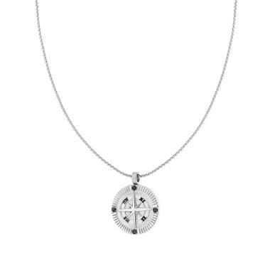 Collana Catena Veneziana Tonda con Rosa dei Venti e Crystal Neri in ACCIAIO