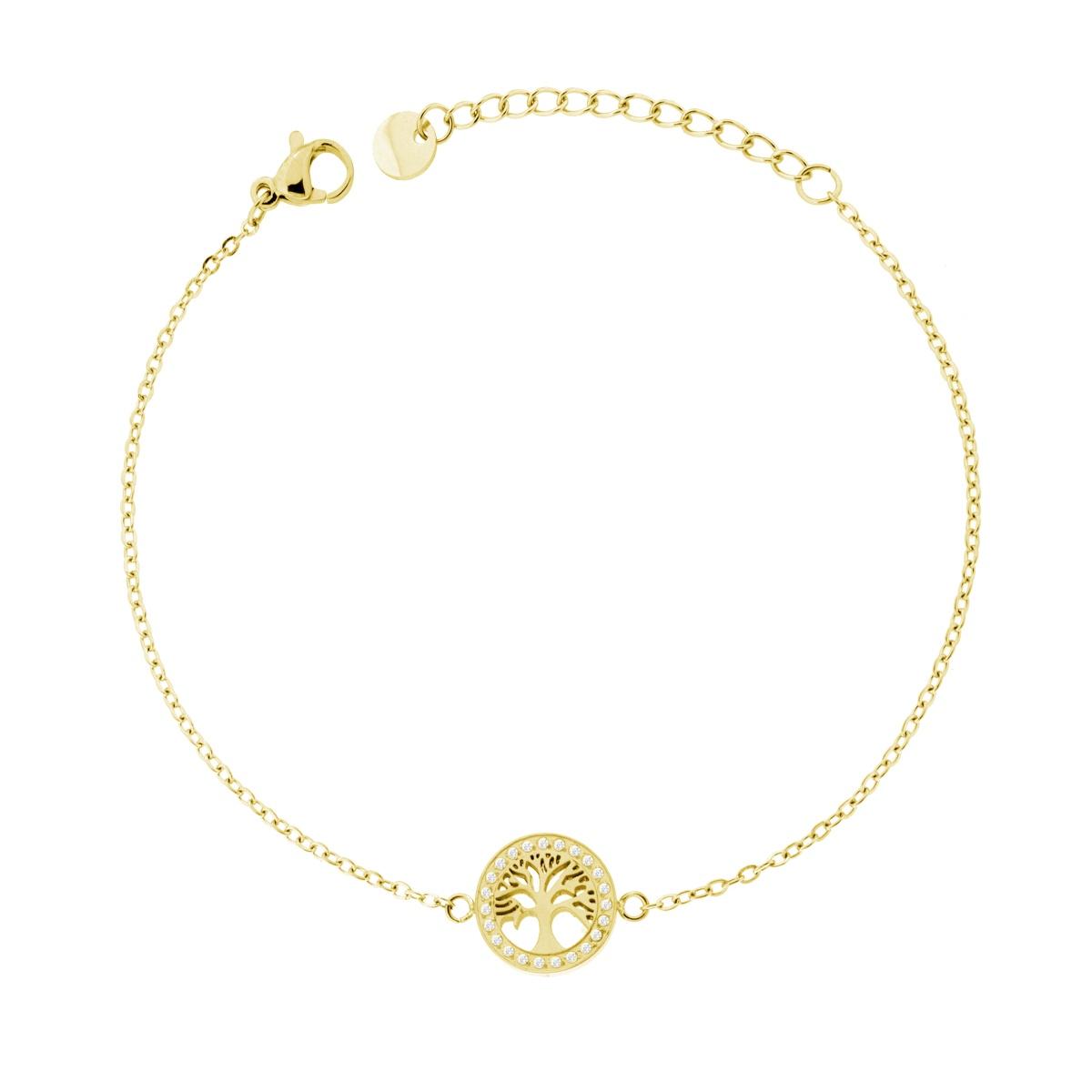 Bracciale Catena Forzatina Diamantata con Albero della Vita e Crystal Bianchi in ACCIAIO colore Oro