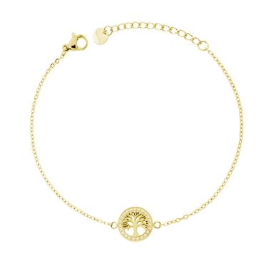 Bracciale Catena Forzatina Diamantata con Albero della Vita e Crystal Bianchi in ACCIAIO colore Oro