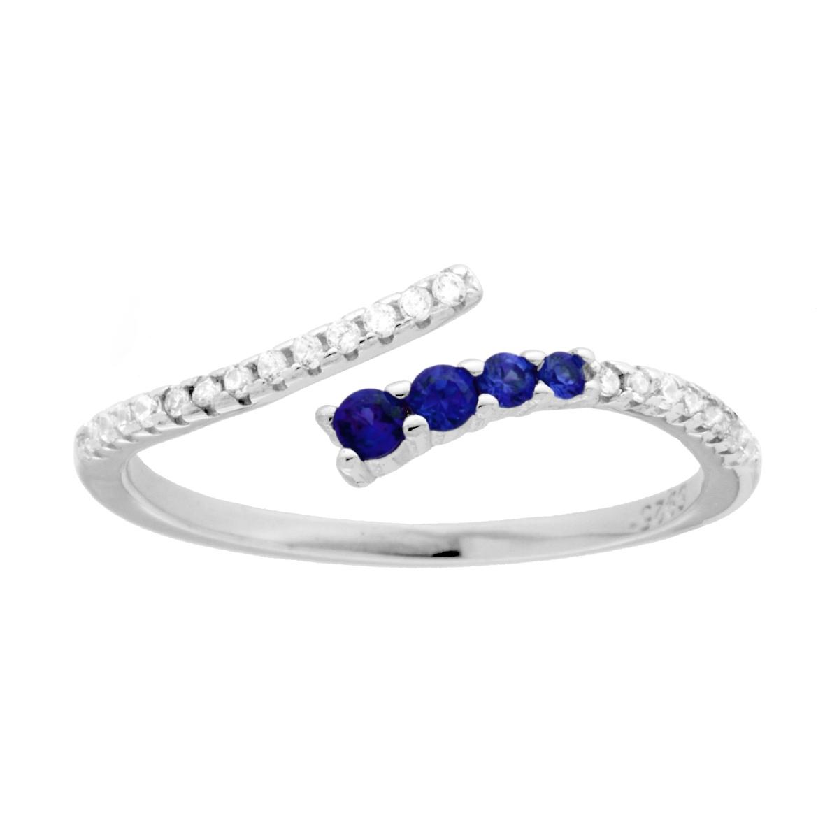 Anello Contrarie con Cubic Zirconia Blu Zaffiro e Bianco in ARGENTO 925 Galvanica Rodio